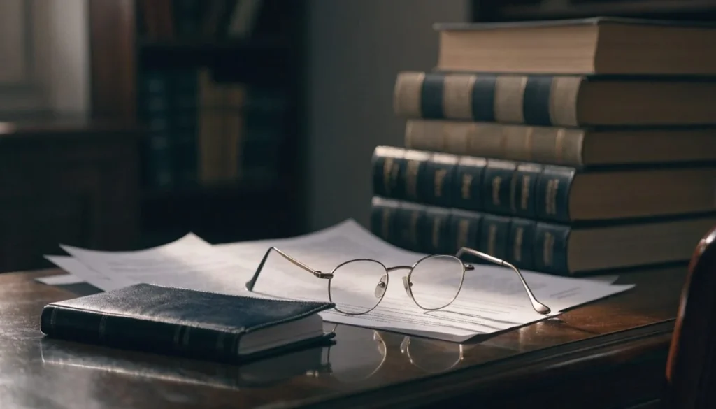 Escritorio de abogado con libros de derecho y pasaporte