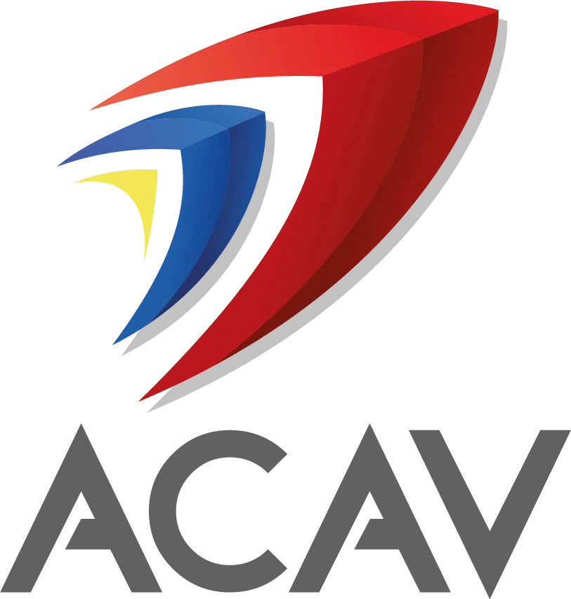 Logotipo actual de ACAV: isotipo de tres faces en rojo, azul y amarillo