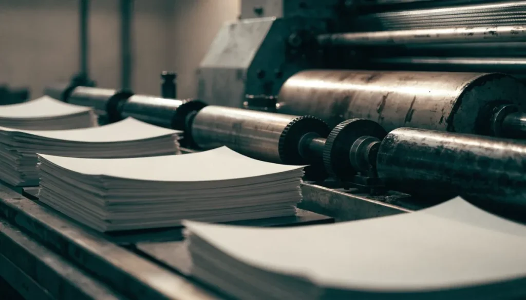 Prensa litográfica con pliegos de papel impreso