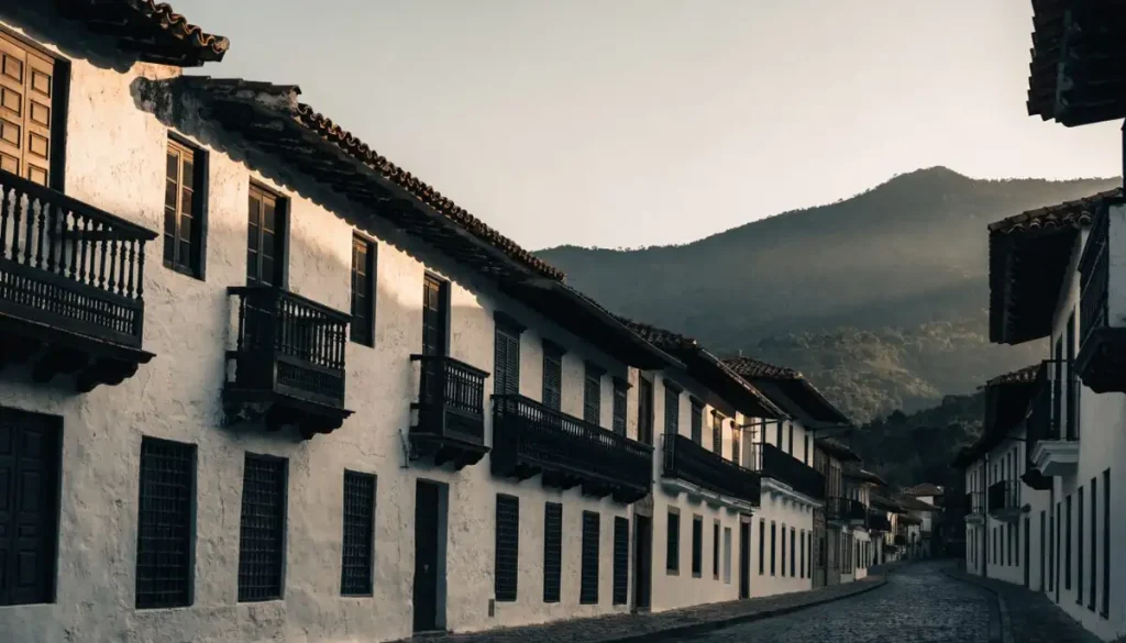 Calle de un pueblo colonial colombiano, destino de turismo cultural