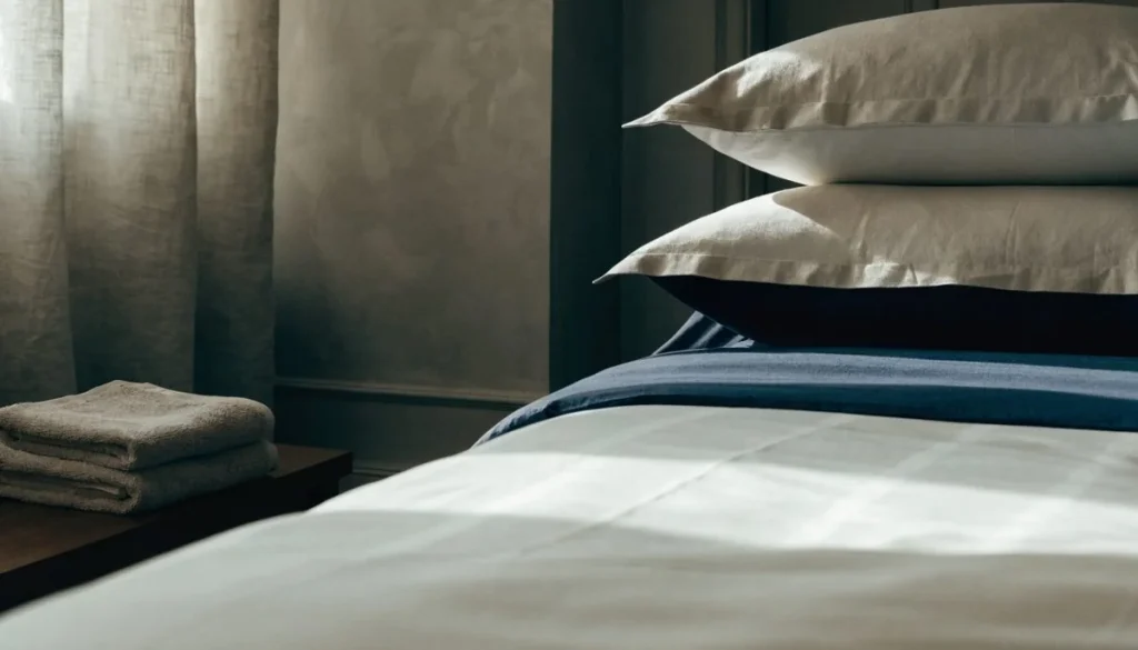 Cama vestida con lencería de alcoba y toallas dobladas