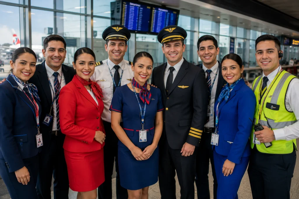Trabajadores de distintas áreas del sector aéreo colombiano en la terminal